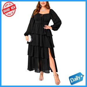 Floral Tiered Ruffle Long Sleeve Formal Evening Dress Plus Size Elegant